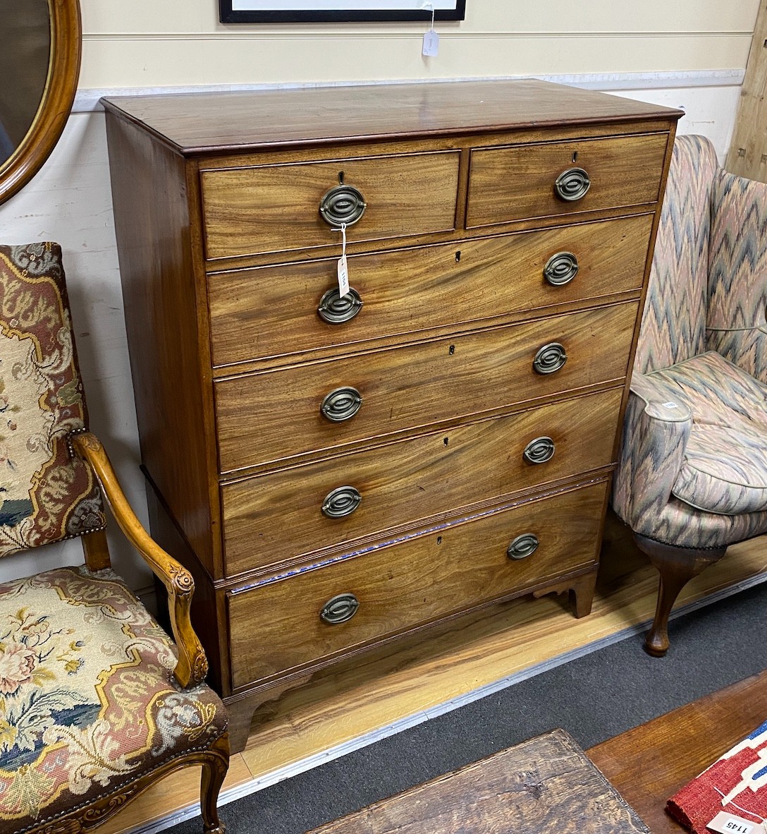 A George III mahogany six drawer two part chest, width 107cm, depth 51cm, height 133cm